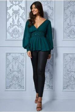 Goddiva Sequin Chiffon Puffy Sleeve Top - Emerald Green 8 Goddiva Sequin Chiffon Puffy Sleeve Top - Emerald Green -Liquorish || Yumi Shop 0HPxpTrU 7384