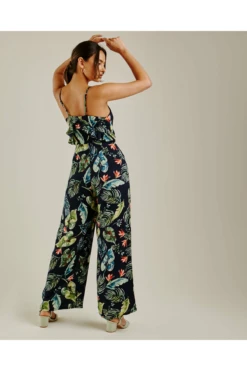 Dusty Pink Tropical Print Ruffled Jumpsuit | Dark Blue -Liquorish || Yumi Shop 0U2ga3iL 11538