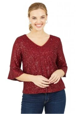 Yumi Red Sequin Top With Fluted Sleeve