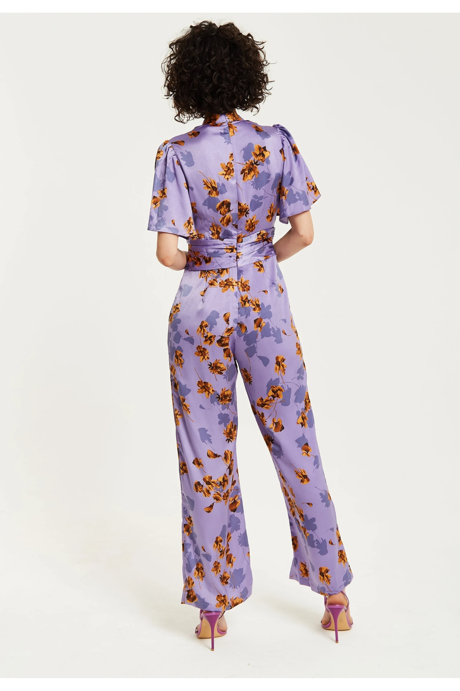 Liquorish Purple Floral Wide Leg Jumpsuit With Angel Sleeves 7 Liquorish Purple Floral Wide Leg Jumpsuit With Angel Sleeves - Image 5