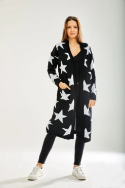 Liquorish Star Pattern Long Cardigan In Black