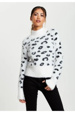 Liquorish Fluffy Animal High Neck Jumper In Black And White -Liquorish || Yumi Shop 45PWBwvH 12815