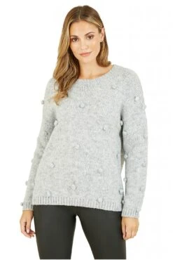 Yumi Grey Pom Pom Relaxed Knitted Jumper -Liquorish || Yumi Shop 4azbpgv2 13947