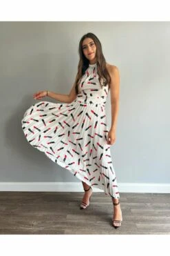 Yan Neo London Demi Lipstick Print Pleated Asymmetric Skirt