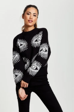 Liquorish Eye Pattern Jumper In Black -Liquorish || Yumi Shop 58TGL2Vn 12823