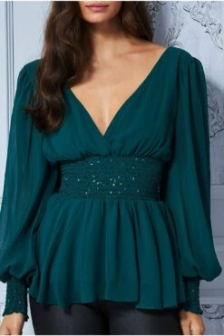 Goddiva Sequin Chiffon Puffy Sleeve Top - Emerald Green 9 Goddiva Sequin Chiffon Puffy Sleeve Top - Emerald Green -Liquorish || Yumi Shop 5hgIciSB 7384