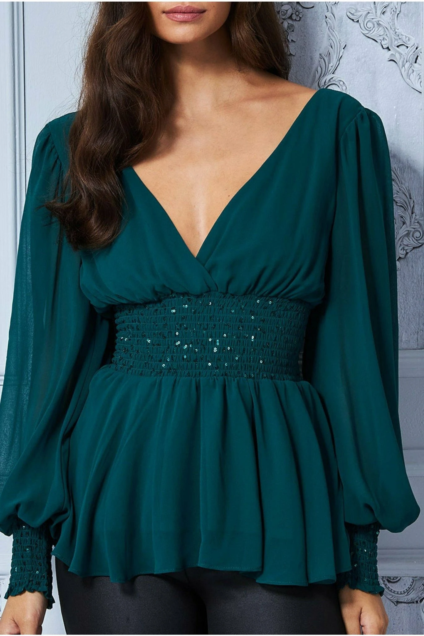 Goddiva Sequin Chiffon Puffy Sleeve Top - Emerald Green 6 Goddiva Sequin Chiffon Puffy Sleeve Top - Emerald Green - Image 4