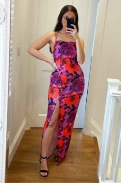 Signage Lace Up Back Detail Front Long Split Maxi Dress