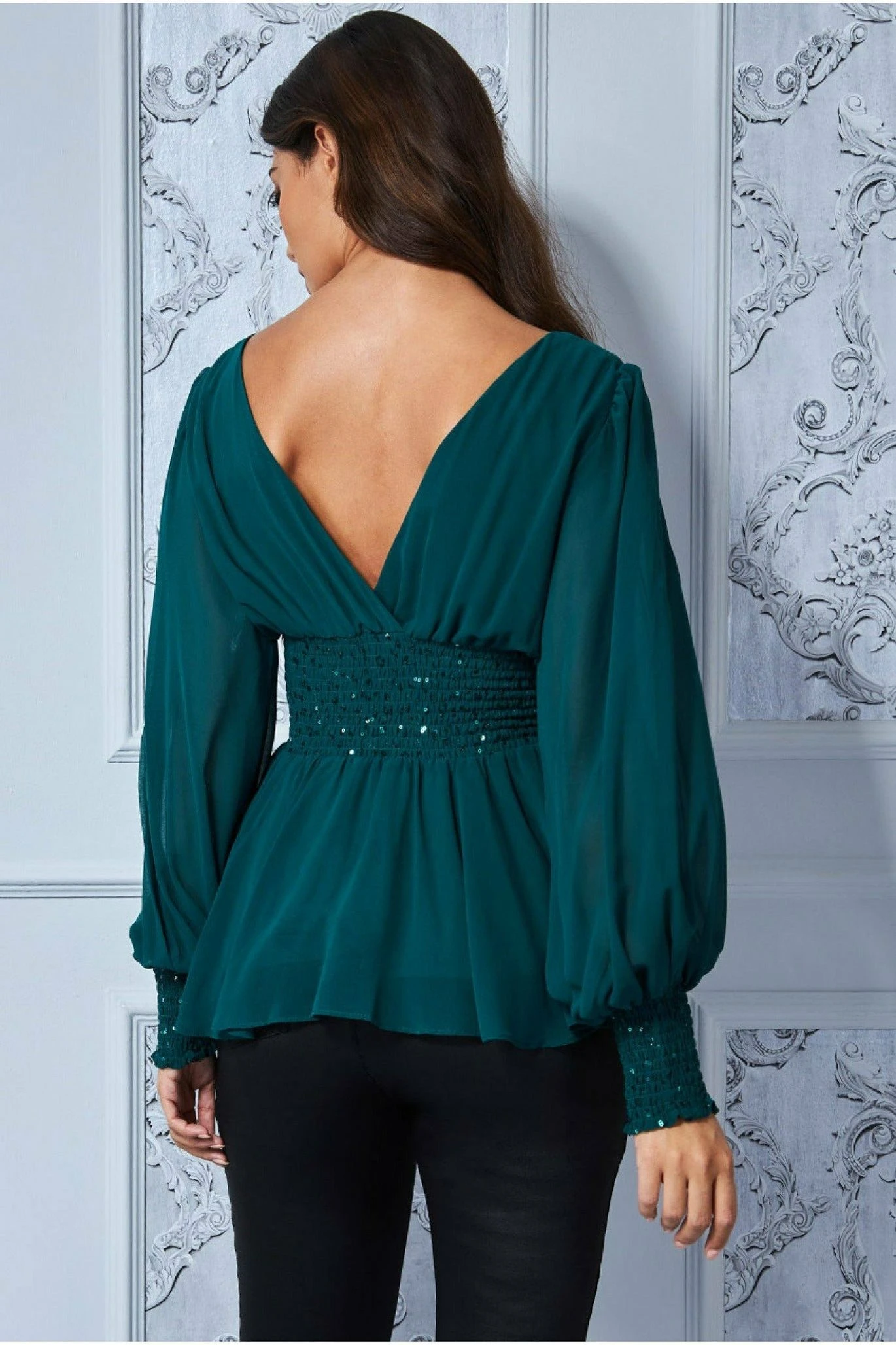 Goddiva Sequin Chiffon Puffy Sleeve Top - Emerald Green 4 Goddiva Sequin Chiffon Puffy Sleeve Top - Emerald Green - Image 2
