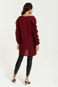 Hoxton Gal Oversized V Neck Ruffle Sleeves Tunic In Burgundy -Liquorish || Yumi Shop 7EtZ62ct 13244
