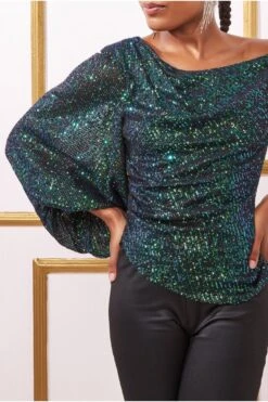 Goddiva Asymmetric Sequin Balloon Sleeve Top - Emerald -Liquorish || Yumi Shop 80Mg8NEv 13797
