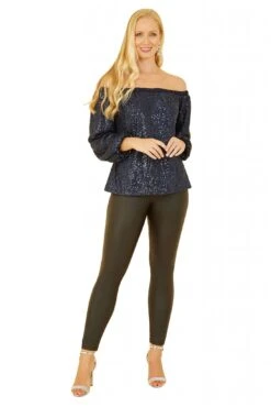 Yumi Navy All Over Sequin Bardot Long Sleeve Top