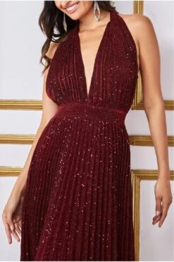 Goddiva Plunge Halterneck Sequin Lurex Maxi - Wine -Liquorish || Yumi Shop 8WnErpNB 13165