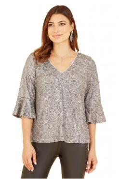 Yumi Silver Sequin Top With Fluted Sleeve