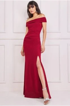 Goddiva Off The Shoulder Maxi With Split - Wine