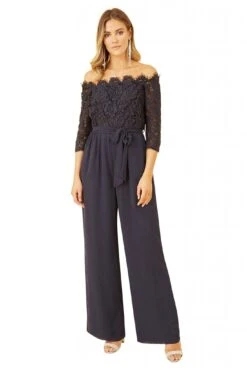 Yumi Navy Lace Bardot 3/4 Sleeve Jumpsuit