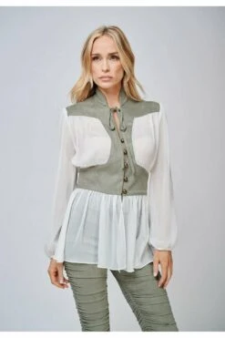 Yan Neo London The Kore Khaki Chiffon Suede Tie-neck Blouse