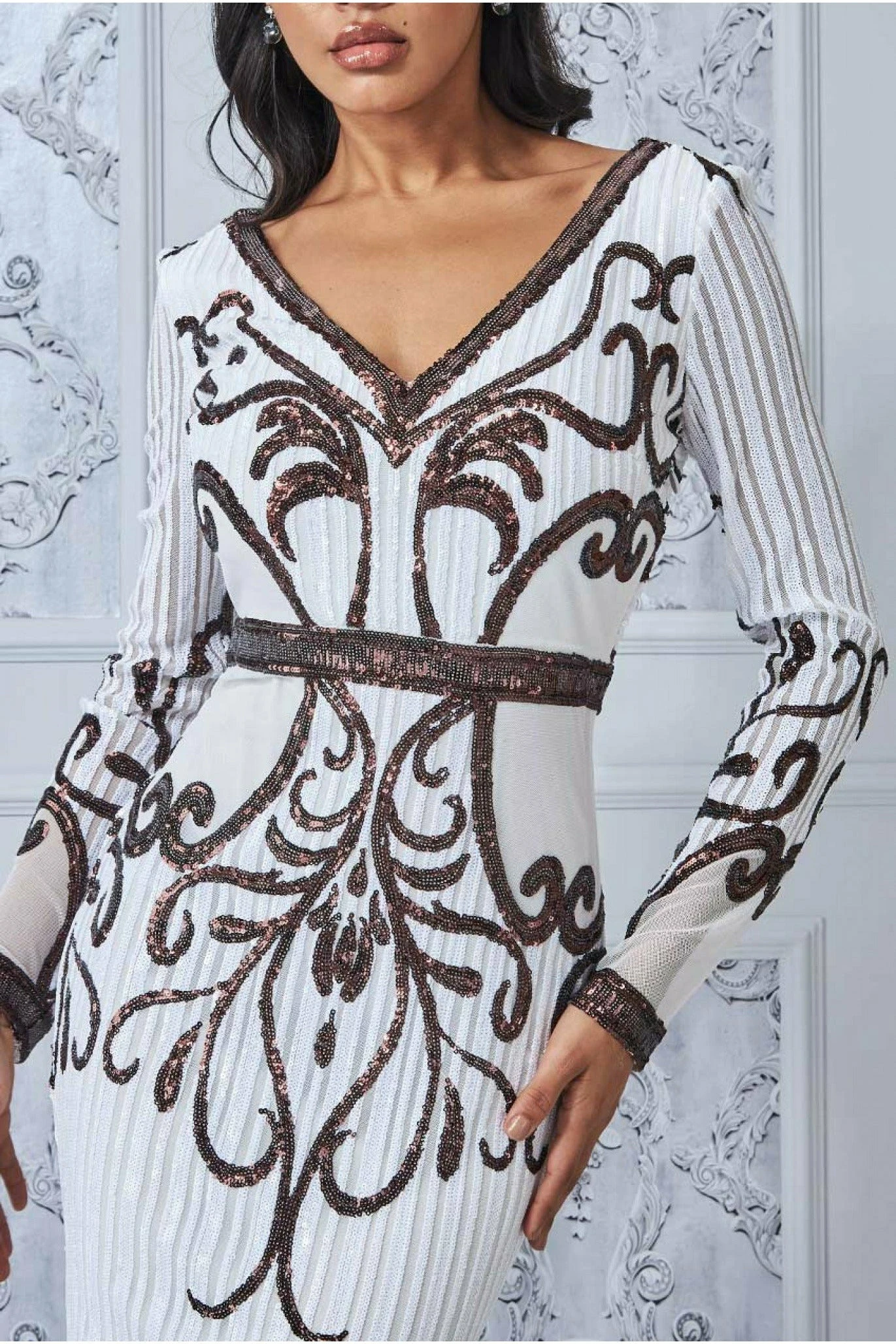 Goddiva Sequin & Mesh Embroidered Maxi - Cream 6 Goddiva Sequin & Mesh Embroidered Maxi - Cream - Image 4