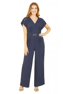 Yumi Navy Wrap Jumpsuit With Mesh Panel And Belt Detail