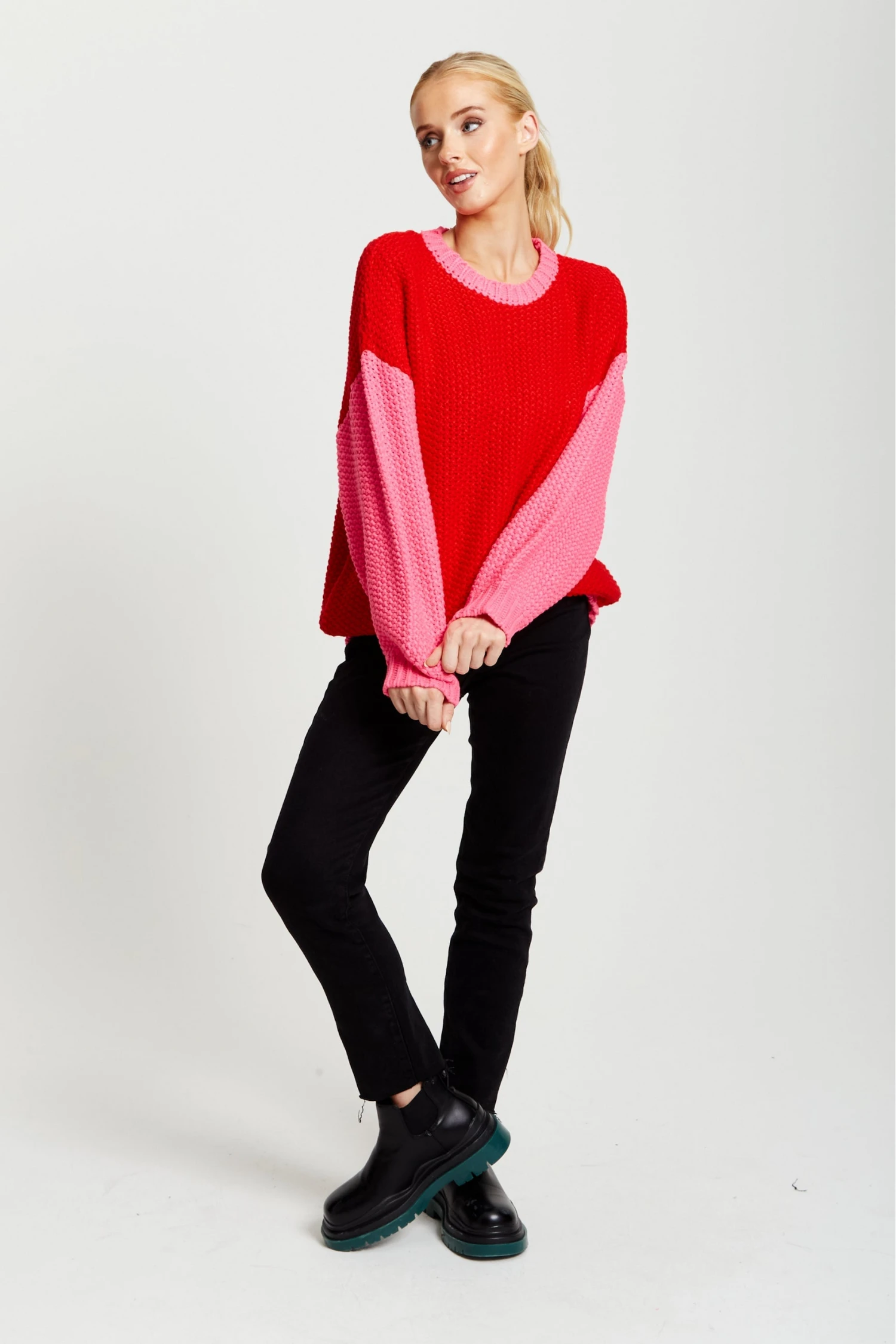 Liquorish Contrast Sleeve Jumper In Pink And Red 4 Liquorish Contrast Sleeve Jumper In Pink And Red - Image 2