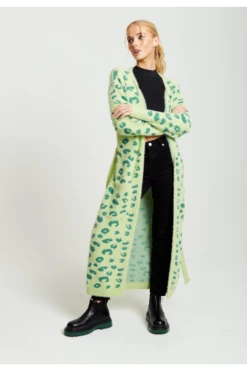 Liquorish Fluffy Longline Cardigan In Green Animal Print