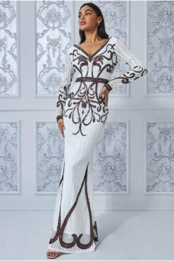 Goddiva Sequin & Mesh Embroidered Maxi - Cream