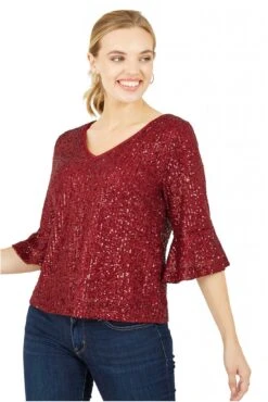 Yumi Red Sequin Top With Fluted Sleeve -Liquorish || Yumi Shop DzfsxHWP 14462