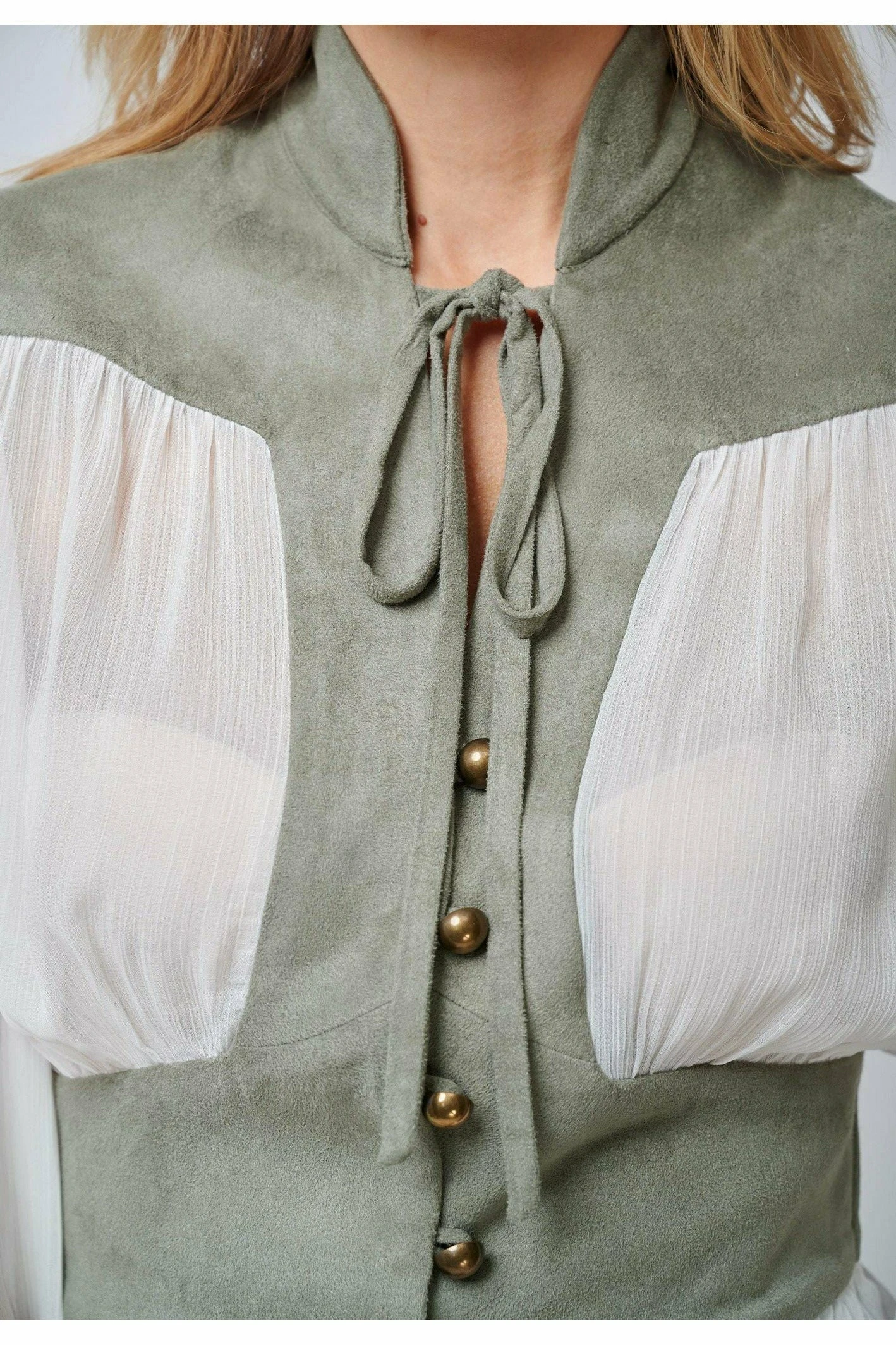 Yan Neo London The Kore Khaki Chiffon Suede Tie-neck Blouse 4 Yan Neo London The Kore Khaki Chiffon Suede Tie-neck Blouse - Image 2