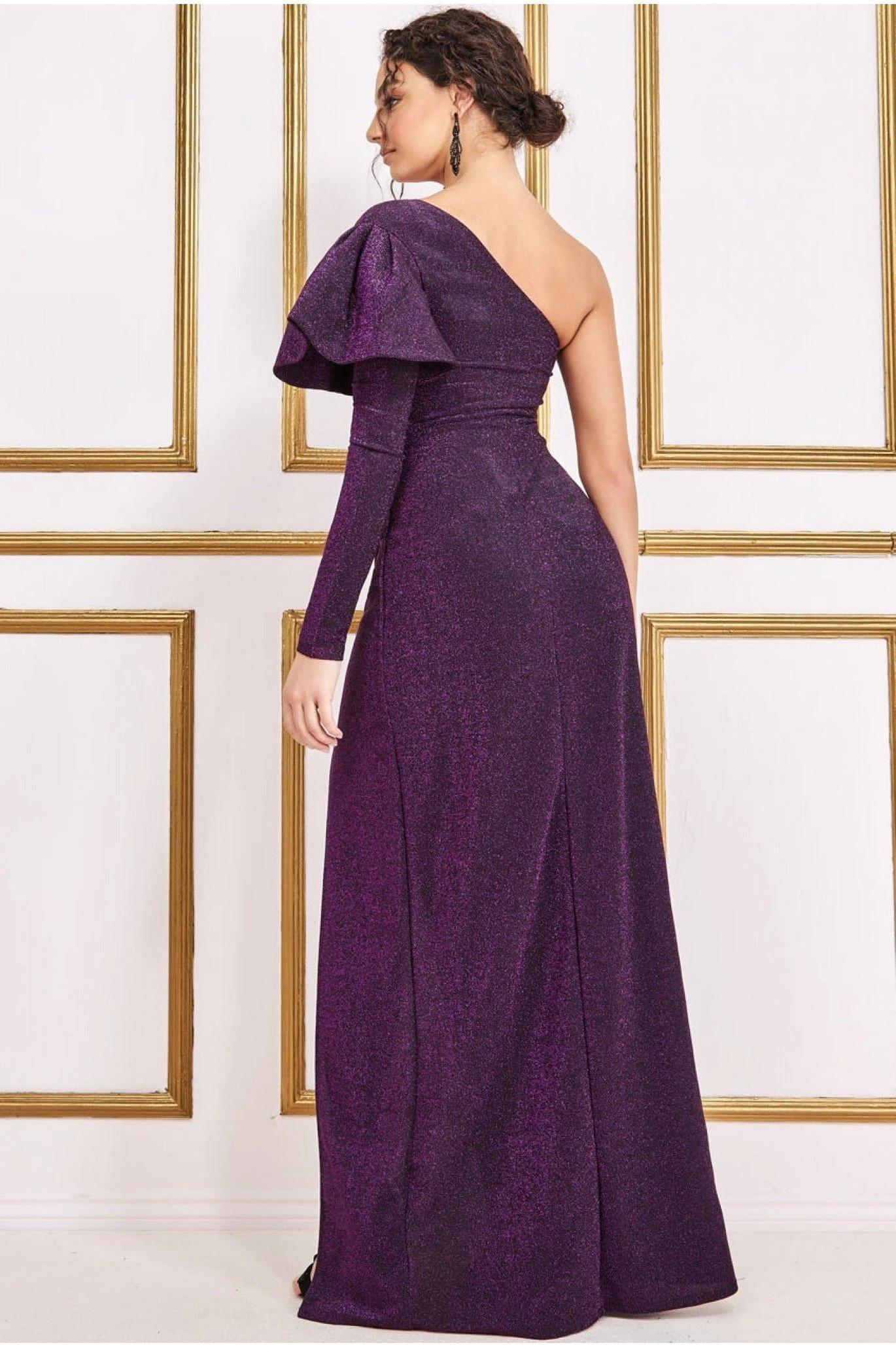 Goddiva One Sleeve Frill Lurex Maxi Dress - Purple 4 Goddiva One Sleeve Frill Lurex Maxi Dress - Purple - Image 2