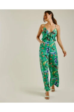 Dusty Pink Tropical Print Ruffled Jumpsuit | Green