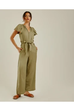 Dusty Pink Wide Leg Belted Jumpsuit | Light Khaki