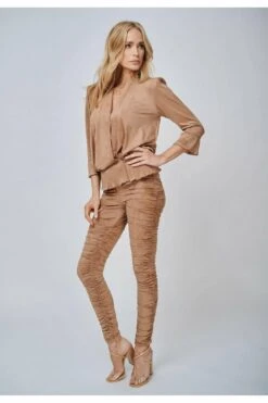 Yan Neo London The Hebe Camel Ruched Suede-look Leggings