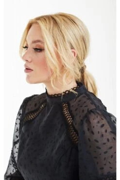 Double Second Black Polka Dot Organza Puff Sleeve Top -Liquorish || Yumi Shop HPUYCsoI 14401