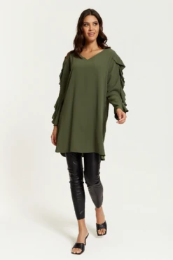 Hoxton Gal Oversized V Neck Ruffle Sleeves Tunic In Khaki -Liquorish || Yumi Shop JDEEguy4 13243