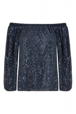 Yumi Navy All Over Sequin Bardot Long Sleeve Top -Liquorish || Yumi Shop JXm8psY9 13322