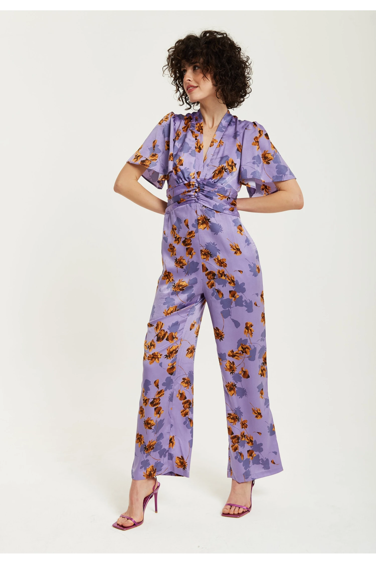 Liquorish Purple Floral Wide Leg Jumpsuit With Angel Sleeves 4 Liquorish Purple Floral Wide Leg Jumpsuit With Angel Sleeves - Image 2