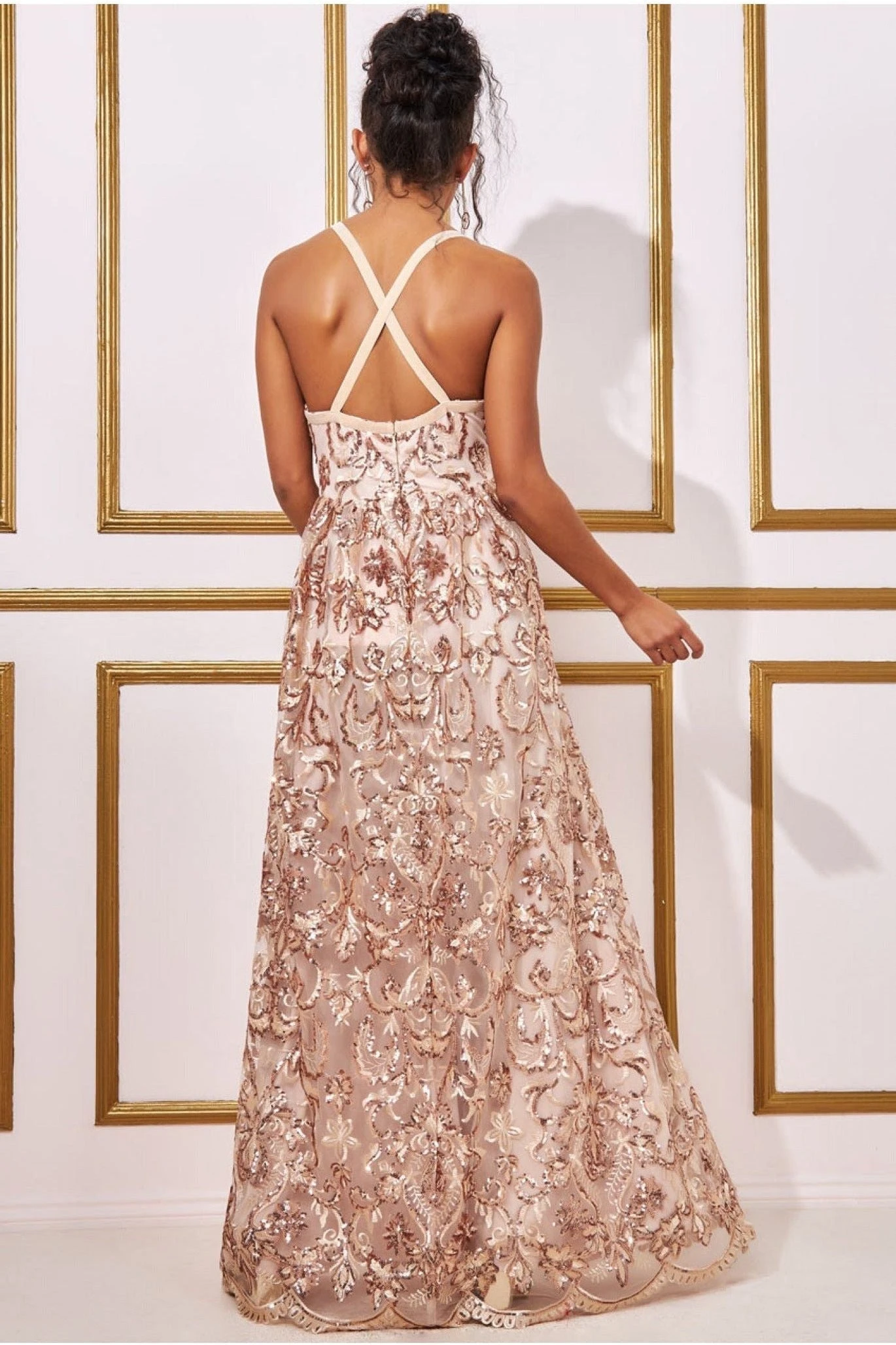 Goddiva Open Back Sequin & Mesh Maxi Dress - Champagne 4 Goddiva Open Back Sequin & Mesh Maxi Dress - Champagne - Image 2