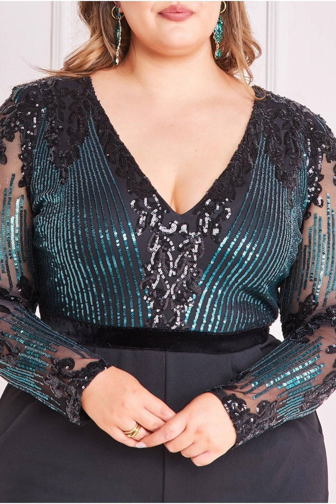Goddiva Plus Sequin & Mesh Jumpsuit - Emerald Green 5 Goddiva Plus Sequin & Mesh Jumpsuit - Emerald Green - Image 3