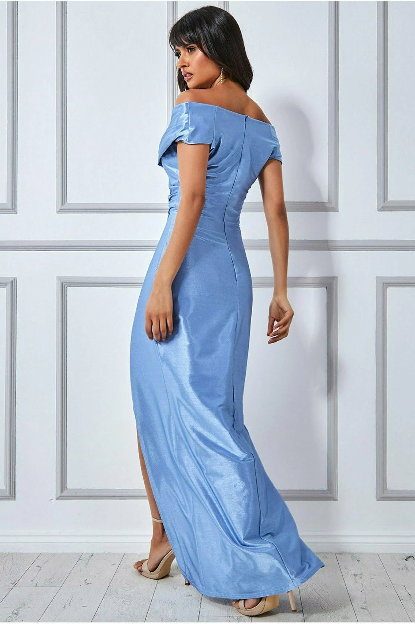Goddiva Cowl Neck Bardot Satin Maxi Front Split - Dusty Blue 4 Goddiva Cowl Neck Bardot Satin Maxi Front Split - Dusty Blue - Image 2