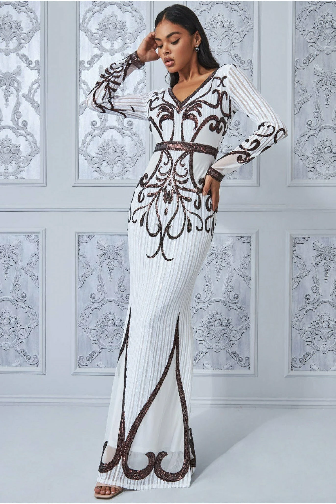 Goddiva Sequin & Mesh Embroidered Maxi - Cream 5 Goddiva Sequin & Mesh Embroidered Maxi - Cream - Image 3