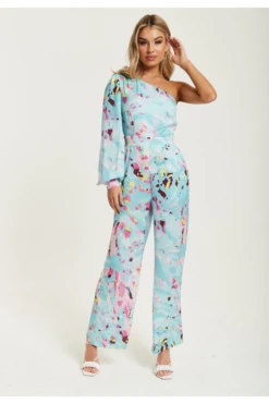 Liquorish Blue Abstract Print One Shoulder Jumpsuit