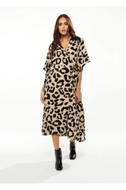 Liquorish Animal Print Maxi Wrap Dress With Kimono Sleeves