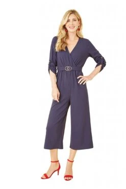 Mela London Navy Wrap Over Stretch Jumpsuit With Gold Belt