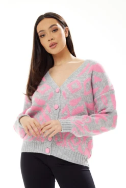 Liquorish Geometric Pattern Cardigan In Pink And Grey