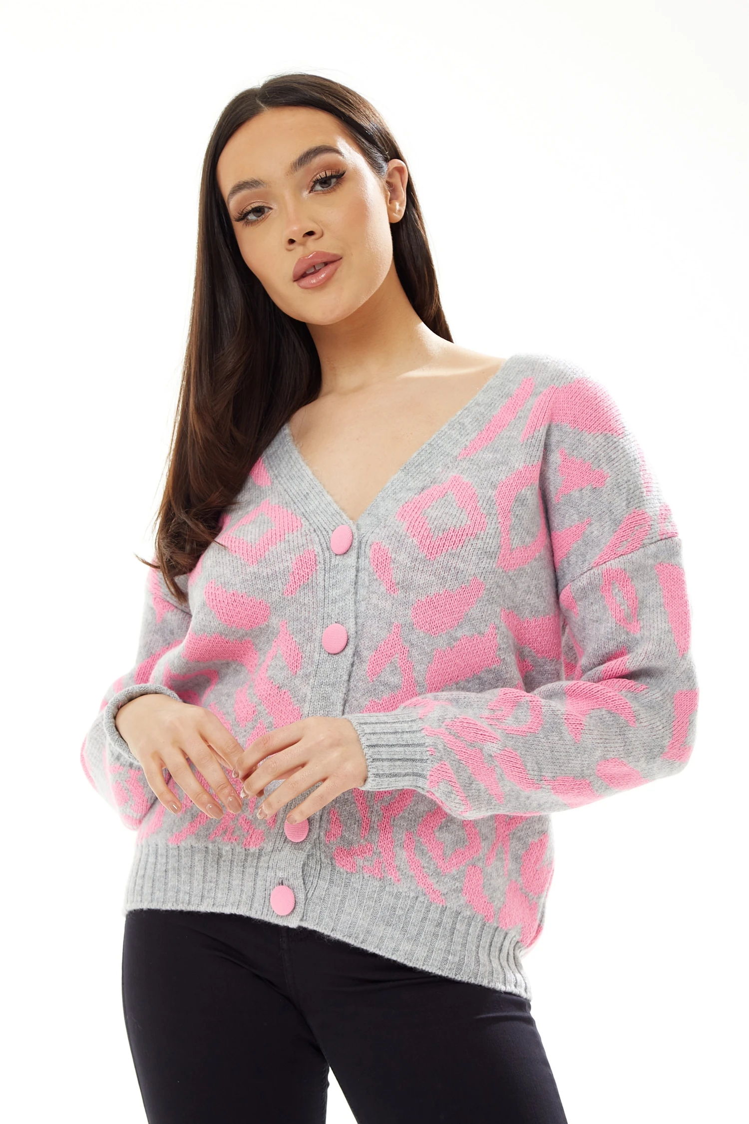 Liquorish Geometric Pattern Cardigan In Pink And Grey 3 Liquorish Geometric Pattern Cardigan In Pink And Grey