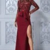 Goddiva Sequin Bodice With Front Frill Maxi - Wine -Liquorish || Yumi Shop NrQIRngg 6508
