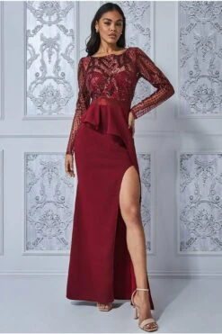 Goddiva Sequin Bodice With Front Frill Maxi - Wine