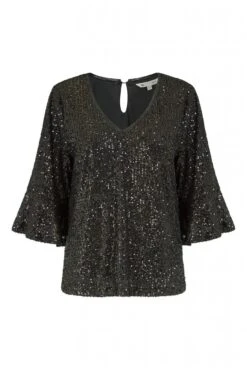 Yumi Black Sequin Top With Fluted Sleeve -Liquorish || Yumi Shop Nt4YCKM8 13349