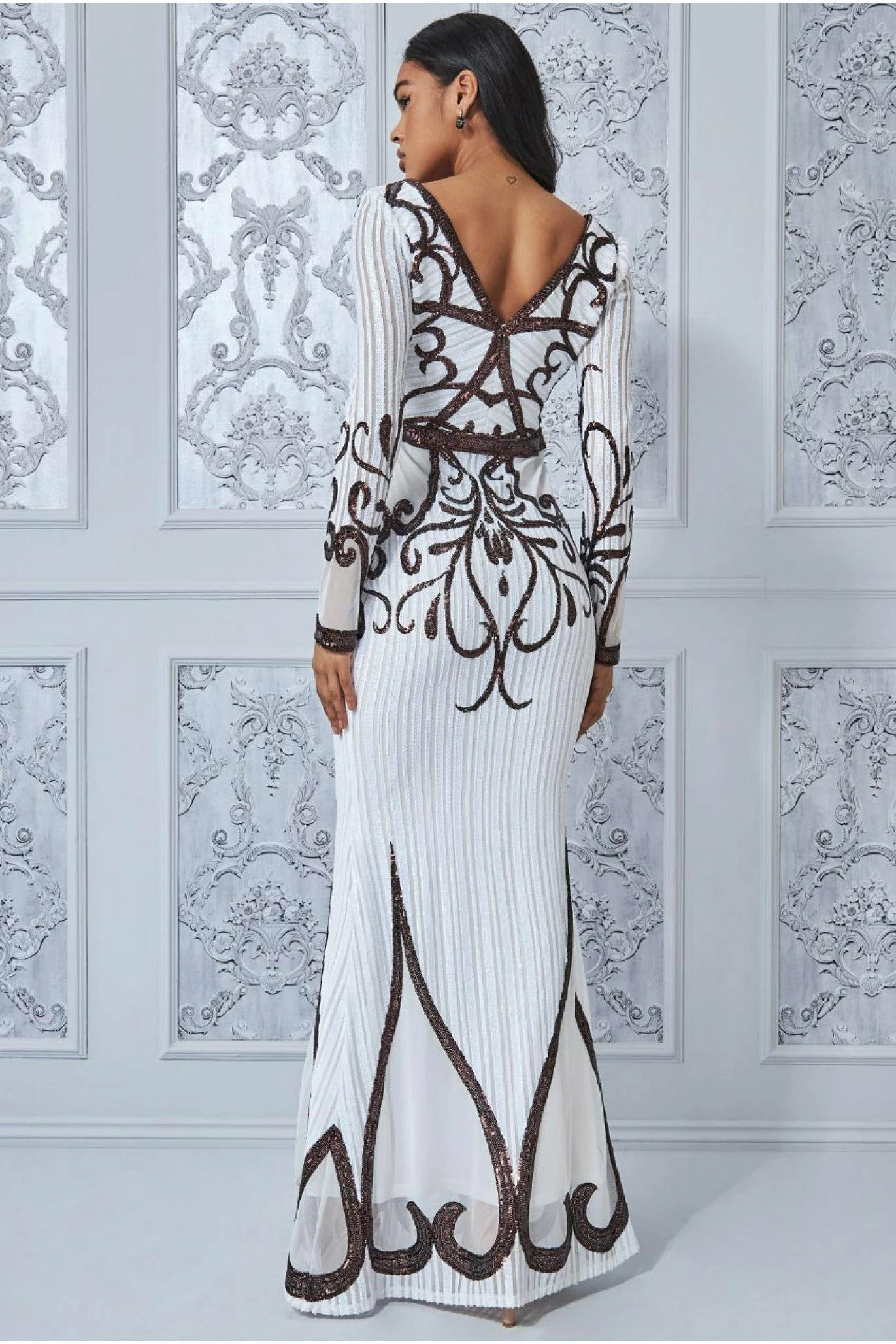Goddiva Sequin & Mesh Embroidered Maxi - Cream 4 Goddiva Sequin & Mesh Embroidered Maxi - Cream - Image 2