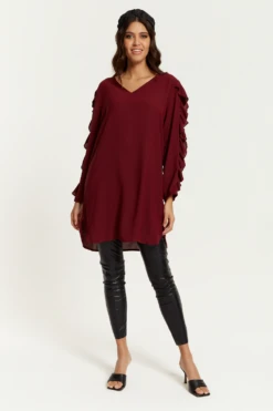 Hoxton Gal Oversized V Neck Ruffle Sleeves Tunic In Burgundy